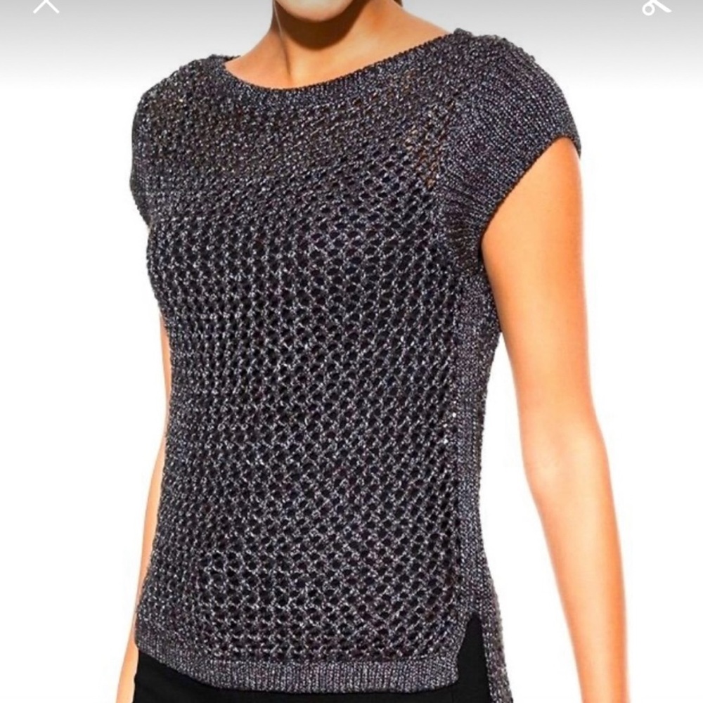 White House Black Market Metallic Knit Cap-Sleeve Top - Silver